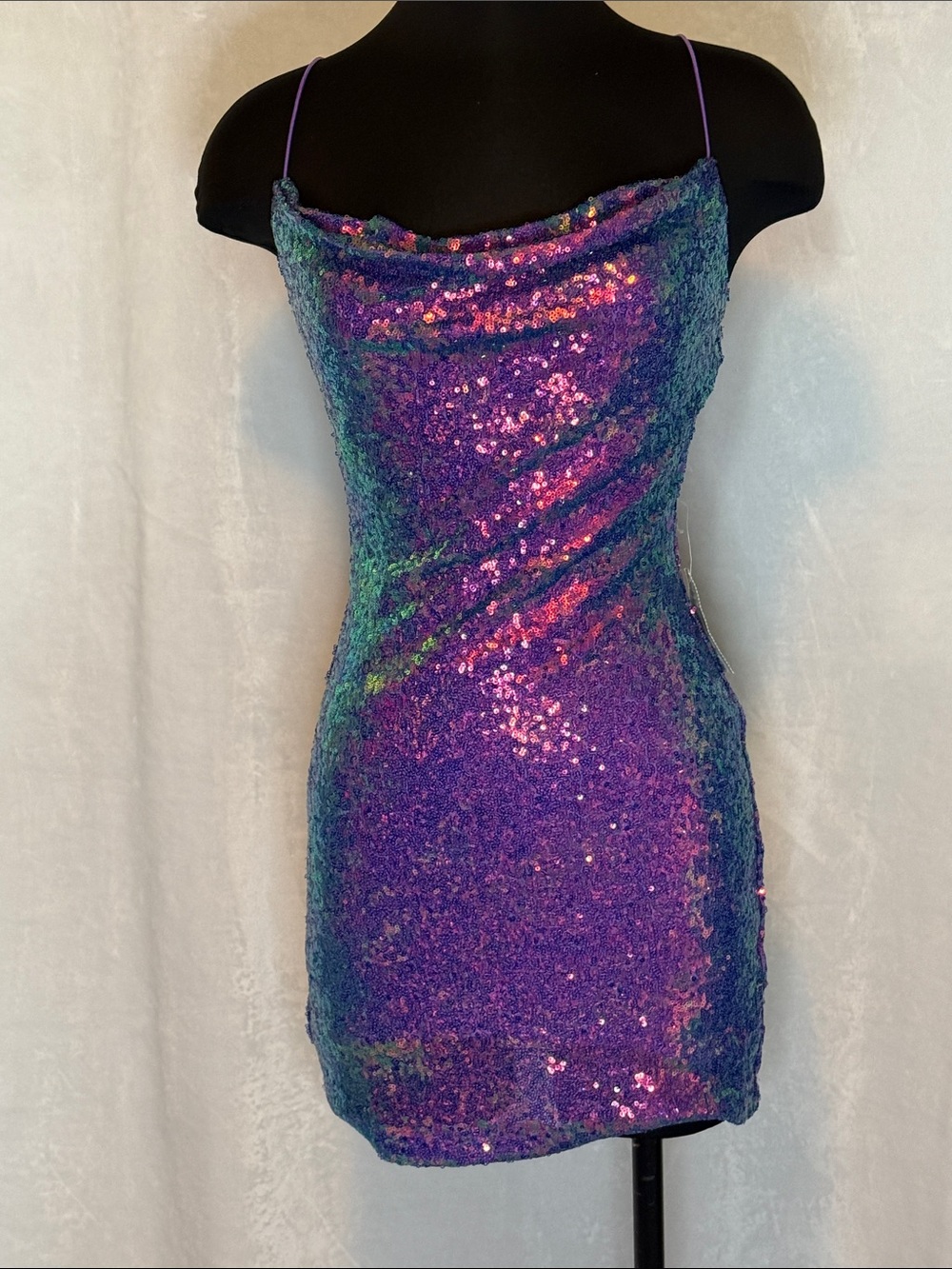 Purple Sequin Cowl Neck Mini Dress